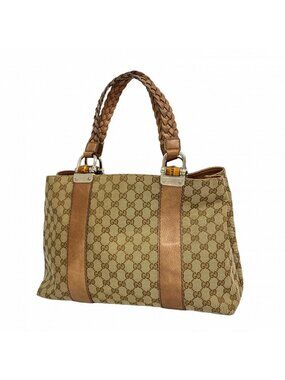 Gucci Tote GG Canvas Bamboo Beige Brown Silver